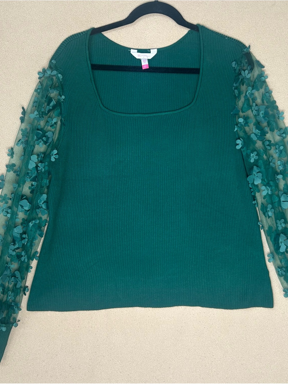 Plus size No Boundaries Green Teal Ribbed Top with Floral Sheer Mesh Sleeves 2X
